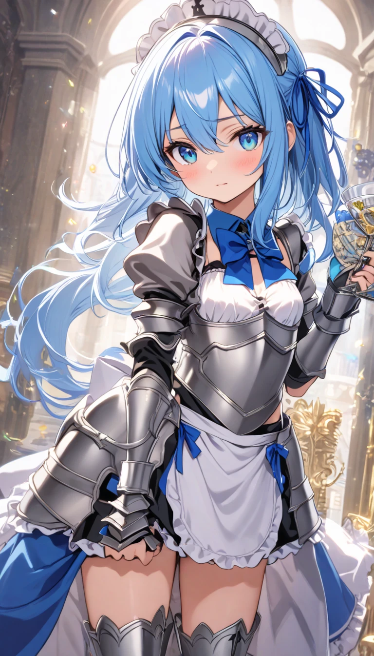 4K,High resolution,One Woman,Light blue hair,Long Ponytail,Big Breasts,Princess Knight,Light blue dress,White knight armor,Full Armor,White gloves,Princess Tiara,Jewelry decoration,Medieval town