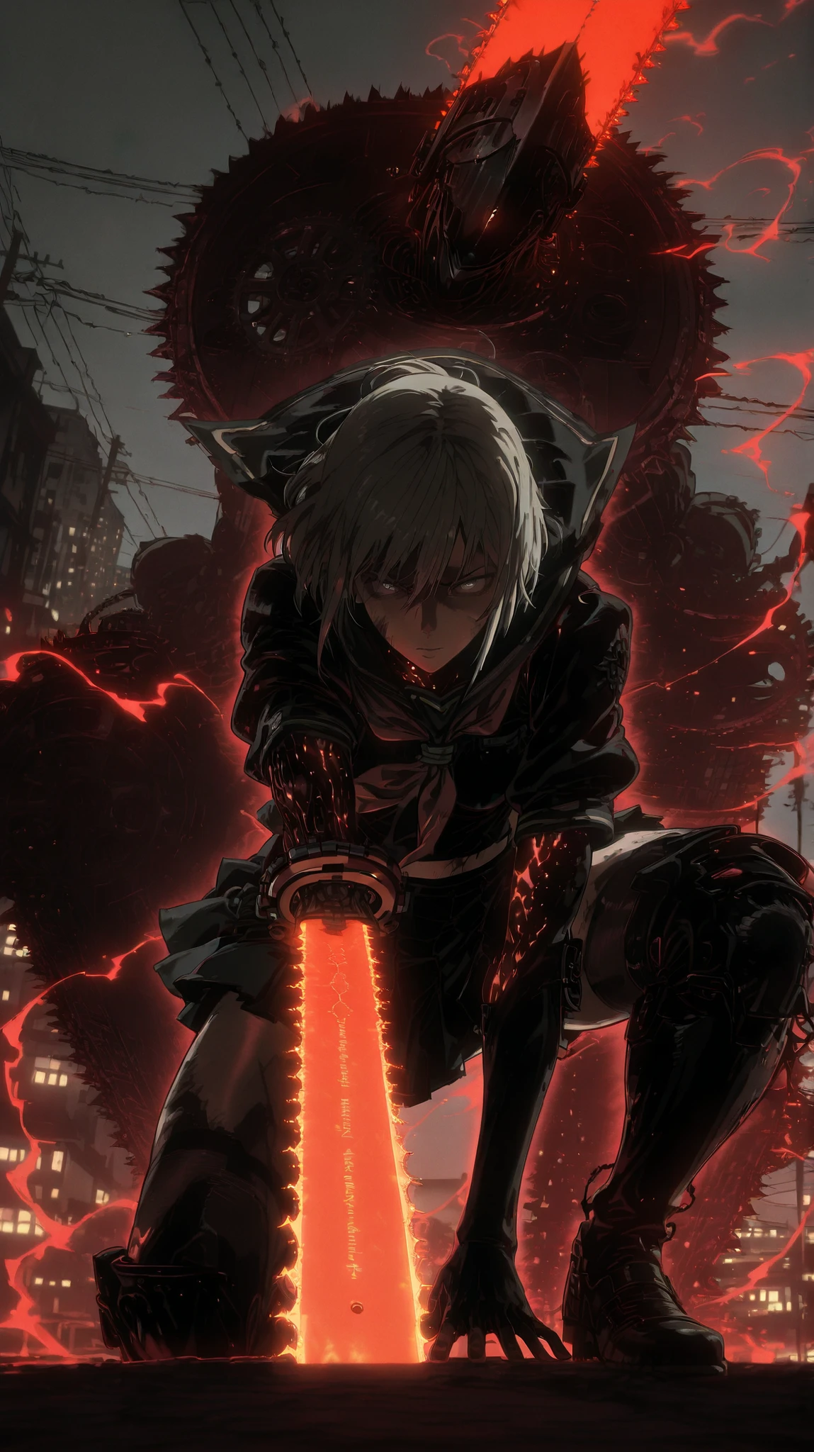 GOD EATER, a commanding Japanese schoolgirl in a traditional sailor-style uniform with a short miniskirt, crouching in a dynamic low stance with one hand touching the ground and the other resting on her knee, mimicking a stealth-ready attack pose. She wields a colossal, hyper-detailed mechanical chainsaw sword with intricate gears, metal plates, rivets, and brutal design features—ultra-industrial and steely in appearance. Her left hand is wrapped in thick, grimy chains, giving her an ominous and dangerous aura. Her delicate appearance contrasts sharply with the oversized weapon, creating a sense of overwhelming power and mystery. The background features a dystopian, post-apocalyptic cityscape of decaying buildings, broken power lines, and a moody gray sky. Her face is beautiful and striking, with ultra-realistic and expressive anime-style features. The entire image feels cinematic and gritty, using dramatic shadows, ambient lighting, and dark tones. Include F-GVA chainsaw sword details