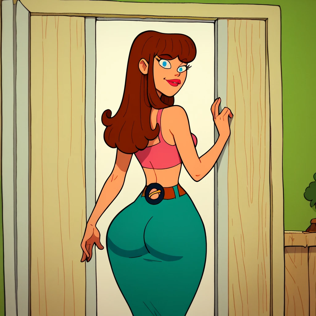 Red haired Latina, pulling up big white cotton panties, turnaround, asking the question "my butt isn't that big, is it?" in a speech bubble, green eyes, comic book art style, intricate details