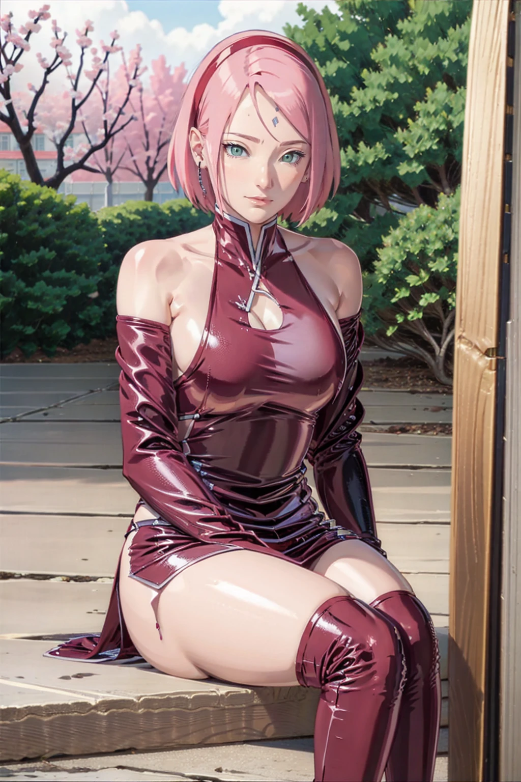 masterpiece, 4K, best quality, nude, soapy body, sakura\(boruto\), solo, mature female, 1 girl, detailed face, detailed lips, detailed nose, detailed body, beautiful face, realistic hair, realistic lips, pink lips, realistic nose, medium breast, thick thighs, realistic body proportions, extremely detailed, green eyes, perfect composition, hot springs, seductive smile, blushing, gentle gaze