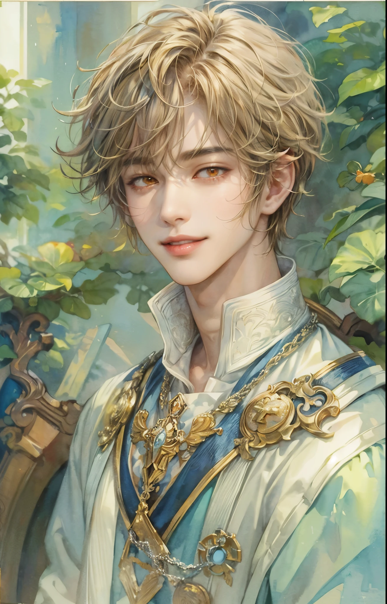 (absurdres, highres, ultra detailed, HDR), masterpiece, Intricate details,best quality picture of a character from Tales of the rays, handsome teen boy with short Hair anime eyes, intricate details on face, in a detailed outside garden sanctuary scenery, detailed character, art kenouji