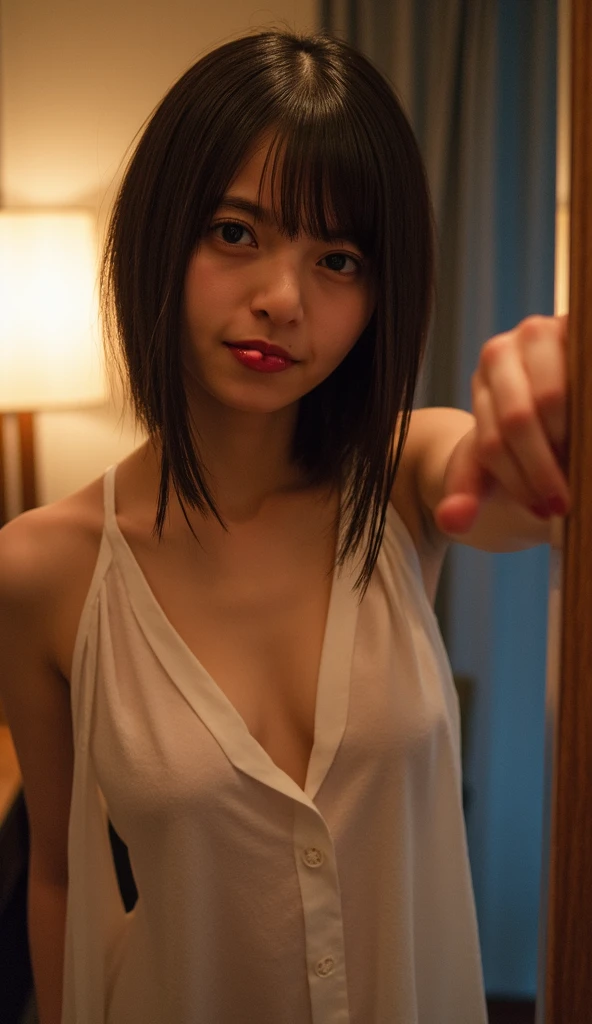 Japan woman wrapped in bath towel ,Neat and black lob hair ,Small breasts ,A hotel room ,Sitting on the bed ,