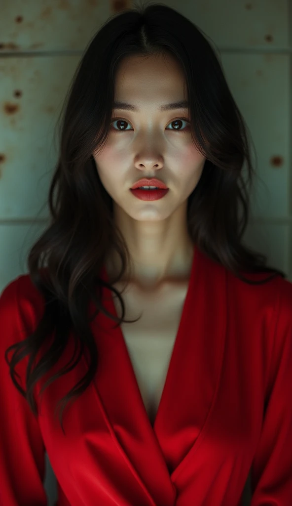 Màn, Long black hair, half tied up, natural loose bangs, wearing red costume.