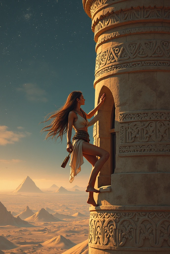 A young woman climbing the tower of Pharaoh's palace to reach the window,  Assassin's Creed style, The young woman clings to the friezes of the rocks, she has long hair, castanhos, In the back a bow and arrow, She wears linen.  ancient Egypt.  feet. Noite.
