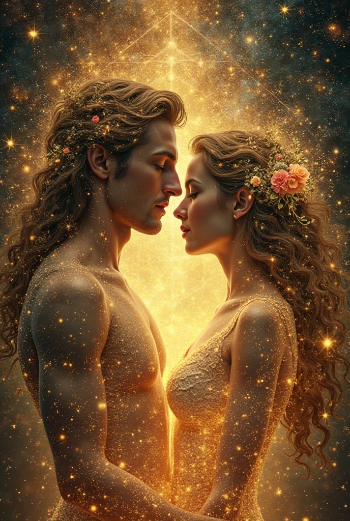 "Sacred Fusion of Two Souls"
A stunning digital artwork depicting the sacred fusion of two souls in love. The image shows a man and woman perfectly integrated, whose bodies are intertwined with currents of golden light and vibrant cosmic energy. Their features soften in a harmonious symbiosis, revealing eyes that shine with infinite love and rapport. The background is a fusion of the celestial and the earthly: galaxies, constellations and delicate natural elements — like flowers, vines and leaves — are combined with geometric and symbolic patterns, evoking the elegance of the Renaissance and modern surrealism. The ethereal lighting highlights every detail with a divine glow,  conveying peace , inner strength and eternal love, as if it were a masterpiece reimagined for the contemporary era.