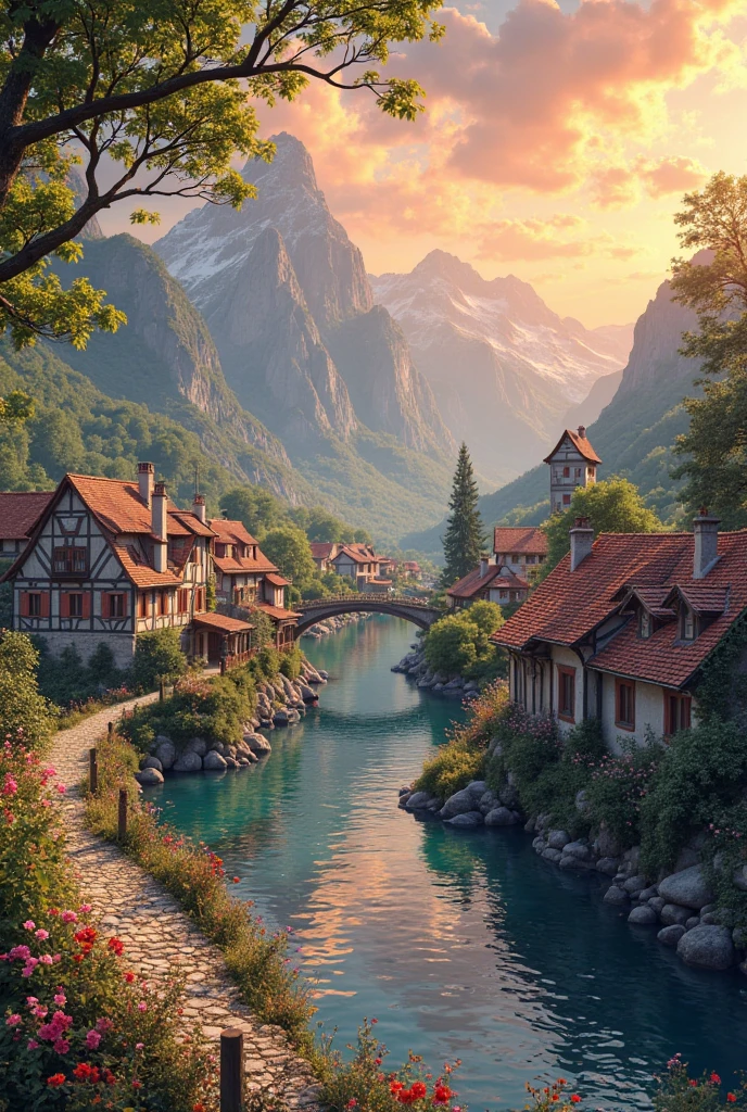 a small village by the river, mountains in the background, floral flowers colorful, detailed landscape, Beautiful natural landscapes, atmospheric lighting, scorching sunset, warm colours, practical, photopractical, Detailed Foliage, complex buildings, cobblestone street, Charming country house, swirly vibrant colors, lush vegetation, Still water reflections, Picturesque, idyllic, work of art, best qualityer, 8k, extremely detaild,anime styling