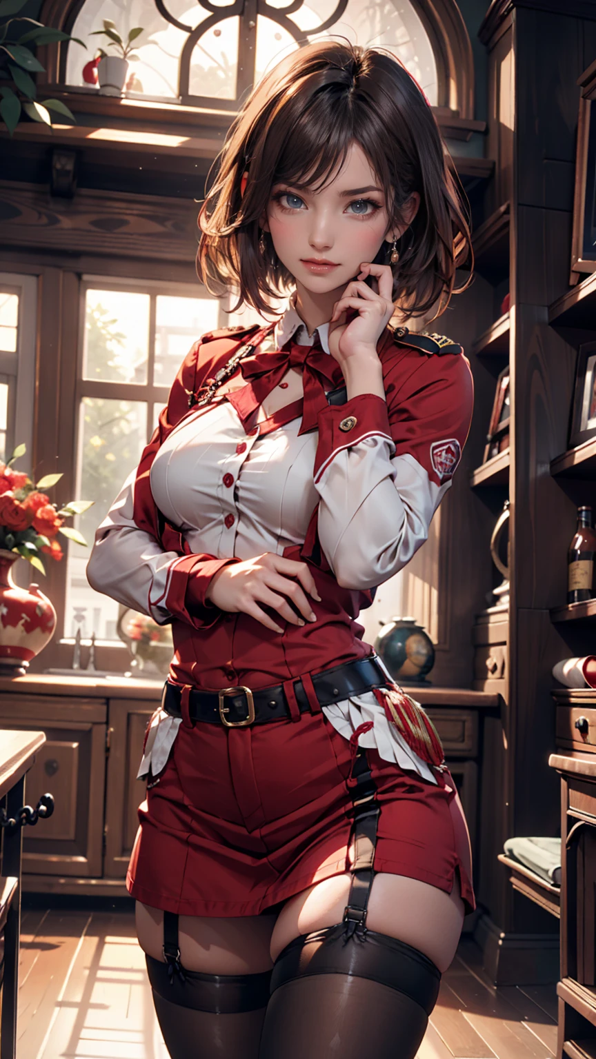 (Realistic:1.5), (Realistic:1.4), 8k, Ultra high quality beautiful girl,Chisato, One Girl, bangs, indoor, short hair, smile, alone, Are standing, Sexy pose, Beautiful small breasts, Red Uniform, Garter Straps, stockings, Put your hands behind your back, Red side ribbon, Licorice Reaction Uniform,(Adult sexiness、Attractive eyes)