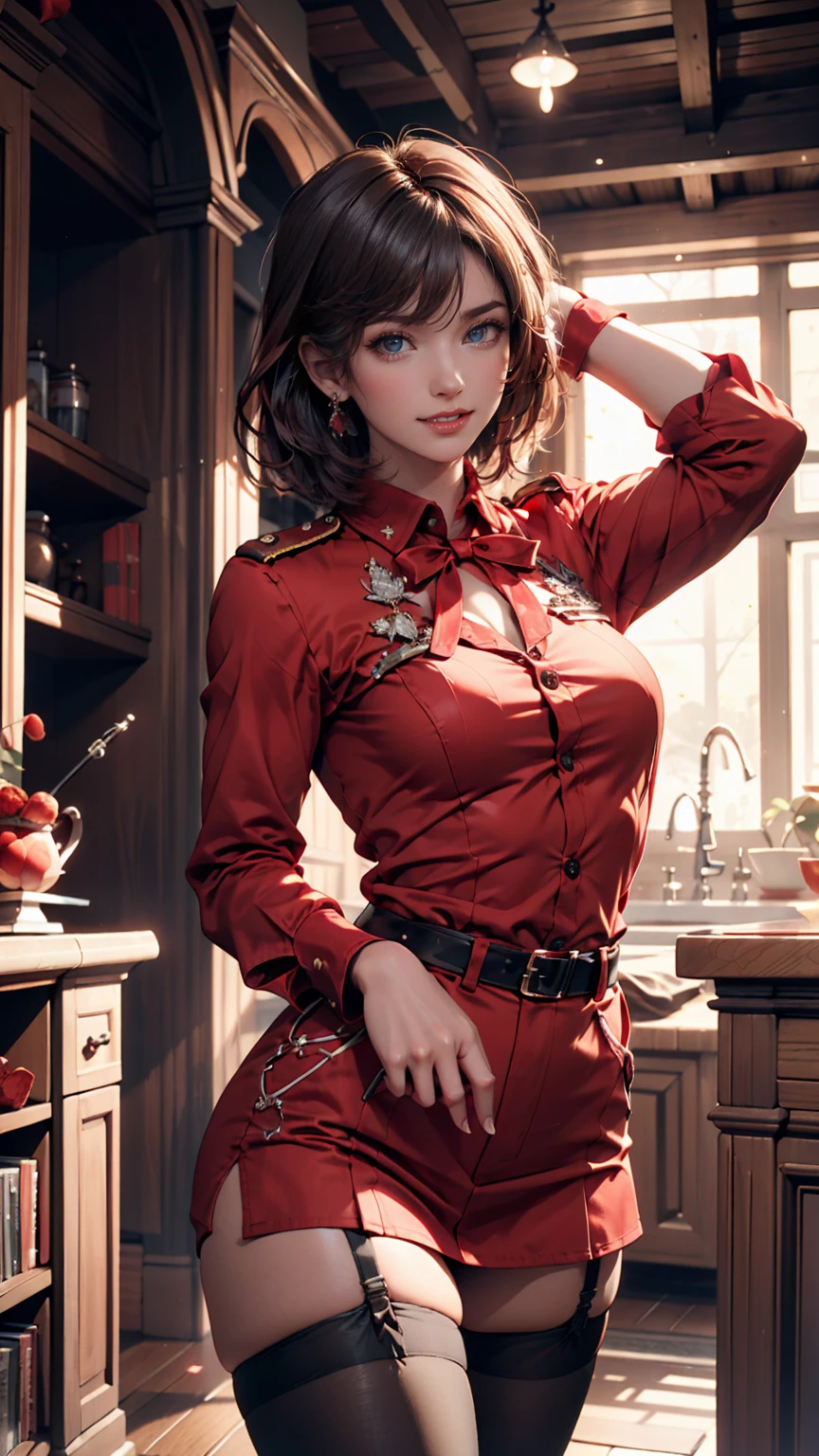 Chisato, 1 girl, bungs, indoor, short hair, smile, solo, is standing, Sexy Poses, Mid-chest, red uniform, garter belt, stockings, hands behind, Red side ribbon,  Licorice Reaction Uniform,