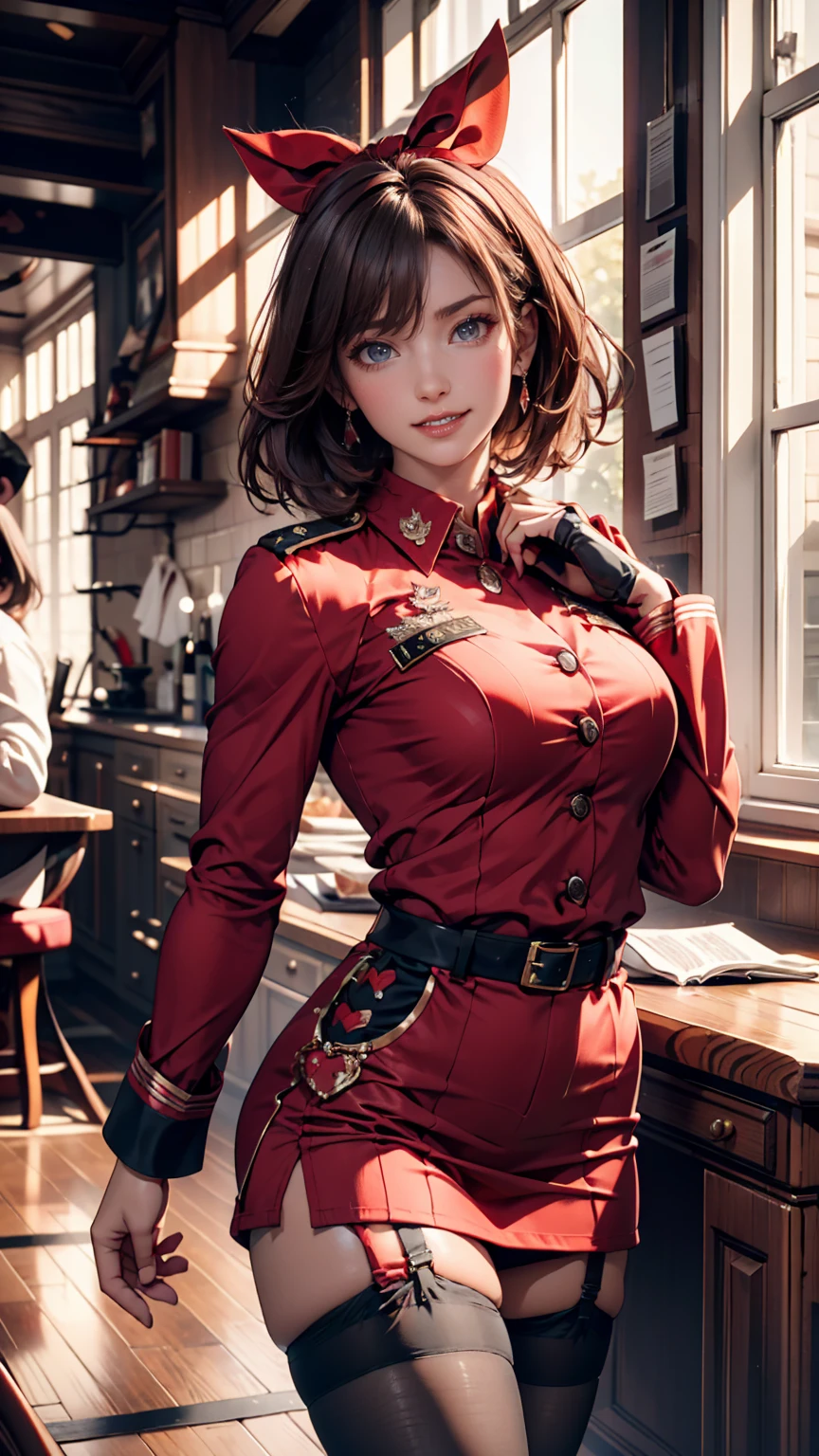 Chisato, 1 girl, bungs, indoor, short hair, smile, solo, is standing, Sexy Poses, Mid-chest, red uniform, garter belt, stockings, hands behind, Red side ribbon,  Licorice Reaction Uniform,