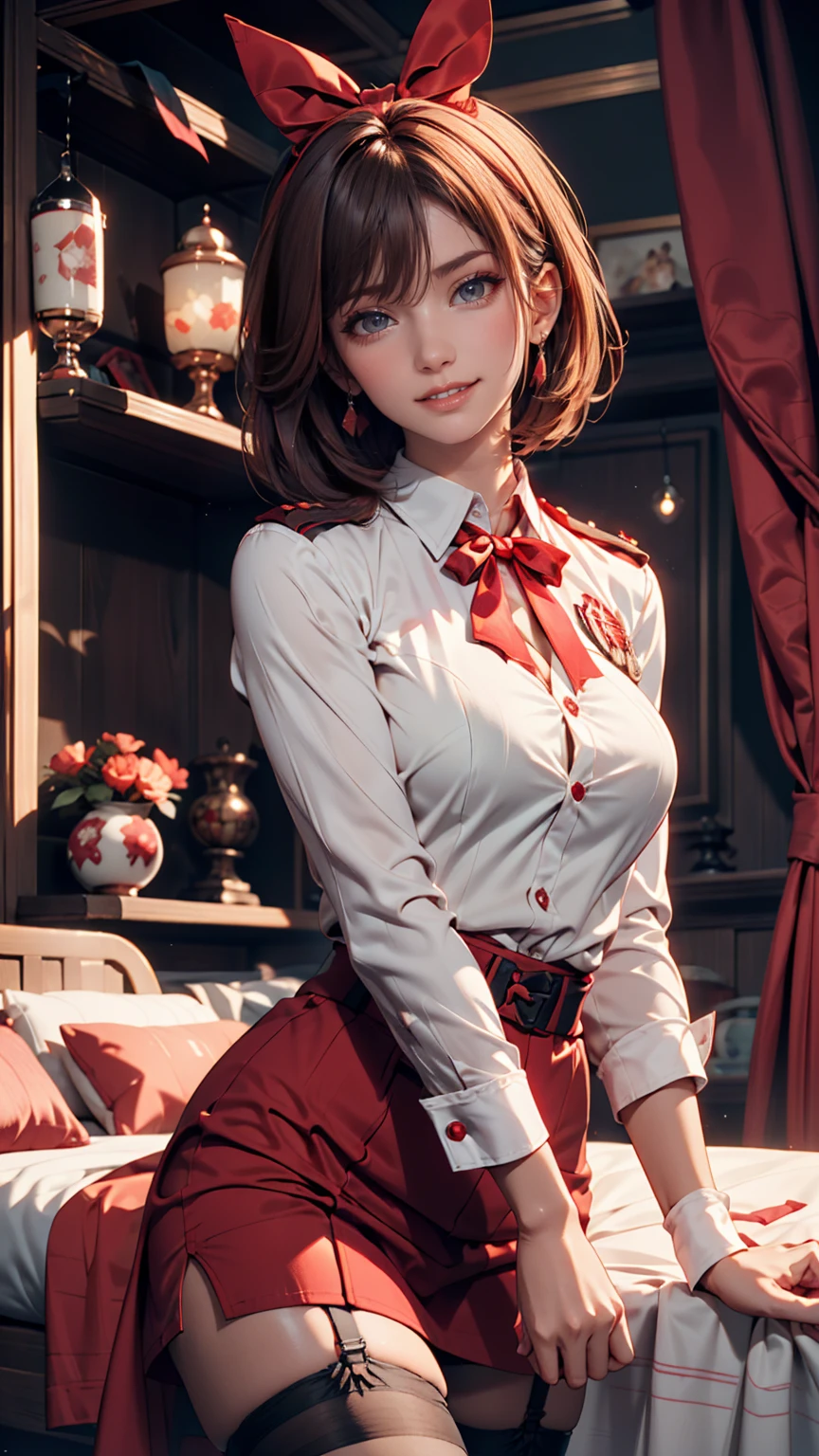 Chisato, 1 girl, bungs, indoor, short hair, smile, solo, is standing, Sexy Poses, Mid-chest, red uniform, garter belt, stockings, hands behind, Red side ribbon,  Licorice Reaction Uniform,