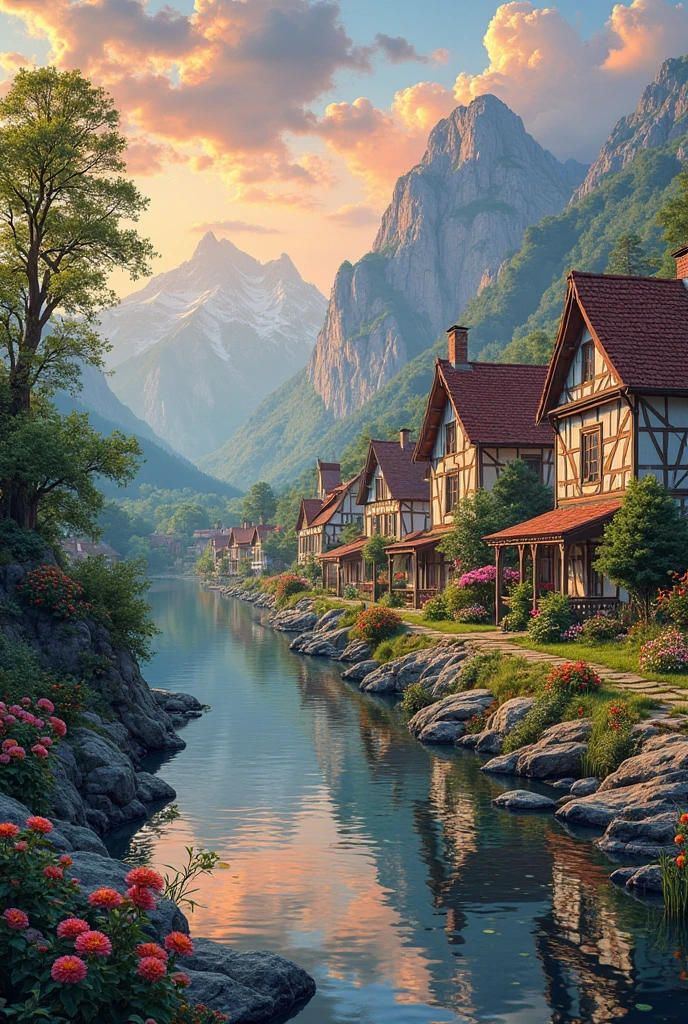 a small village by the river, mountains in the background, floral flowers colorful, detailed landscape, Beautiful natural landscapes, atmospheric lighting, scorching sunset, warm colours, practical, photopractical, Detailed Foliage, complex buildings, cobblestone street, Charming country house, swirly vibrant colors, lush vegetation, Still water reflections, Picturesque, idyllic, work of art, best qualityer, 8k, extremely detaild,anime styling