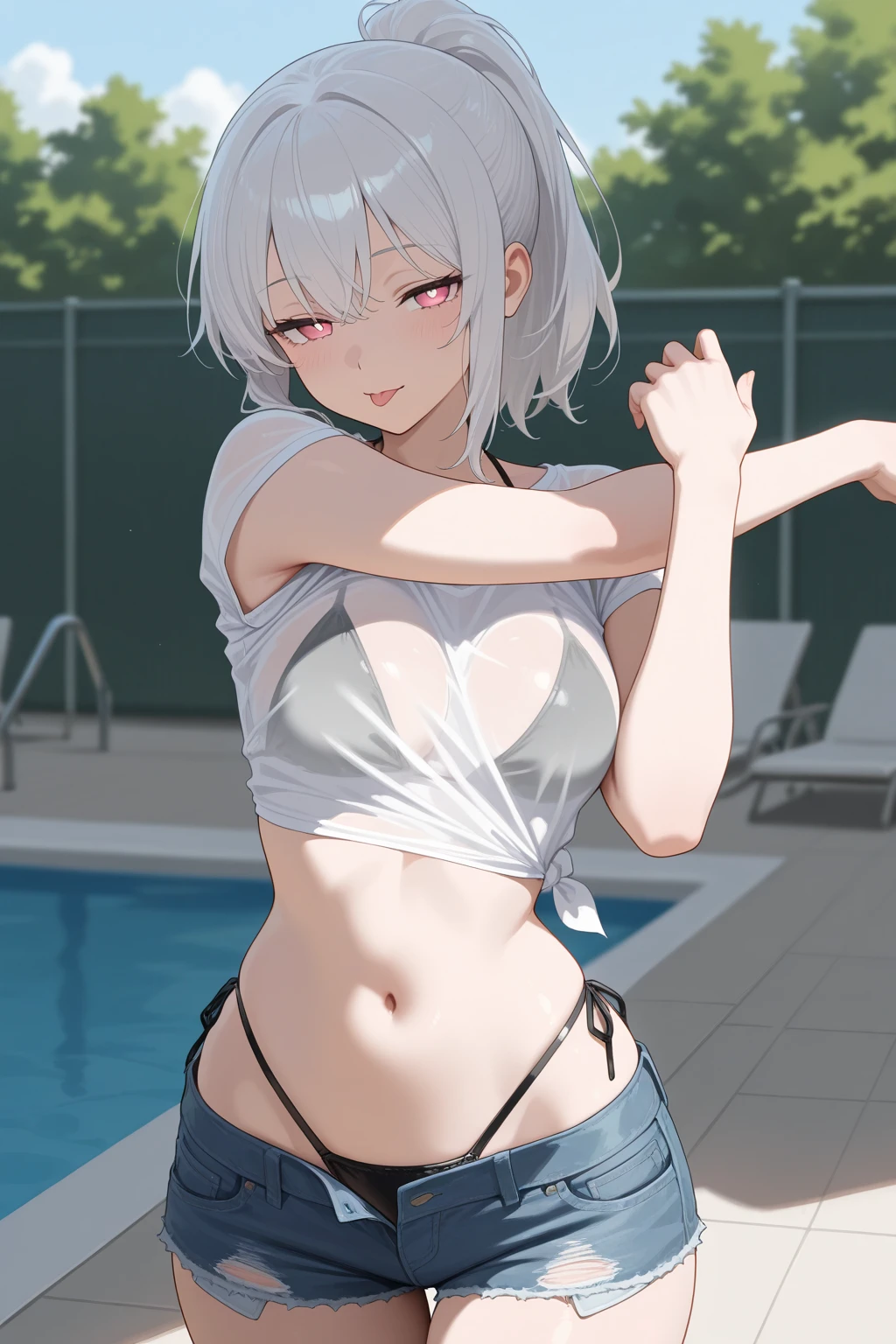 best quality, masterpiece, 1girl, raytracing, ultra detailed,detailed face, 8k wallpaper, (wide hips:1.2), TougouKoneko_NDV, 1girl, white hair, small breasts, short hair, cat ears, tail, yellow eyes, t-shirt, red shorts, outdoor,