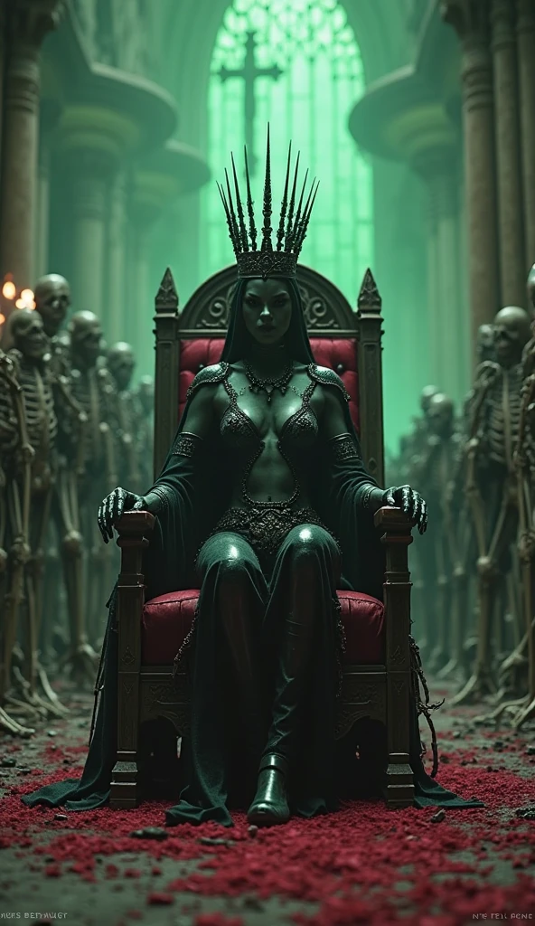 <hypernet:GrimForge:1> A dark queen sitting on a throne made of bones, her eyes filled with malice as she gazes upon the viewer