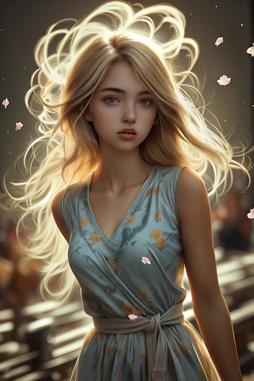 young woman, colorful chaos, elegant, vivid colors, atmospheric, petals, vibrant, striking visual design, twisting flowing fabric, the world implodes behind her, action shot, unravelling, unfurling, blossoming, bright eyes, front lit, erupting, undercurrent, endless bloom, portal, top-down camera angle, perfect face, perfect eyes detailed, realistic, high quality, long blonde hair, ultra detail
