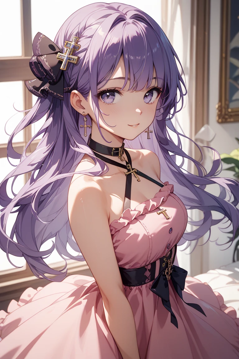 Young elementary school girl, lilac hair, side ponytail, princess crown, purple eyes, white dress, flat chest, medieval, gentle smile, sunlight, walking through the royal palace