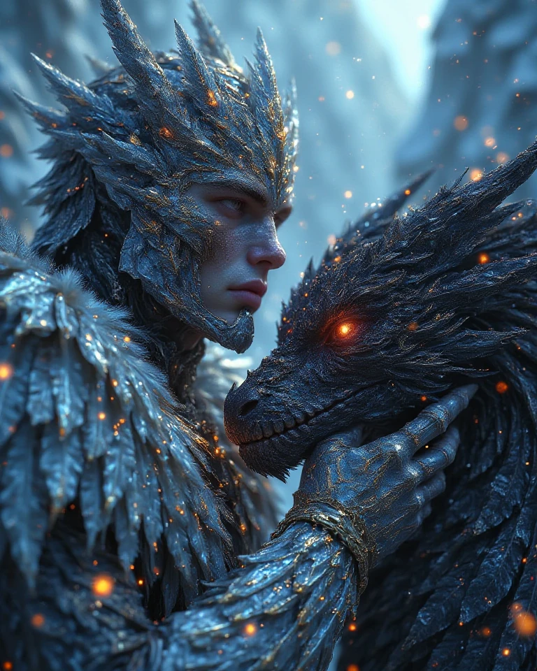 An intense, close-up scene of the Ice Lich King in a dark, ominous atmosphere. He is clad in a fully enclosed, menacing helmet that completely obscures his face, leaving no features visible. The helmet is intricately designed with jagged ice spikes, glowing frost runes, and a cold, metallic sheen, exuding an aura of frozen power. One massive, armored hand rests on the neck of his dark dragon companion, a towering beast with shimmering black scales and glowing, sinister eyes. The dragon exhales icy mist, adding to the chilling atmosphere. The background is engulfed in shadows, with faint outlines of jagged ice cliffs and swirling snow emphasizing the eerie, otherworldly power of the duo
