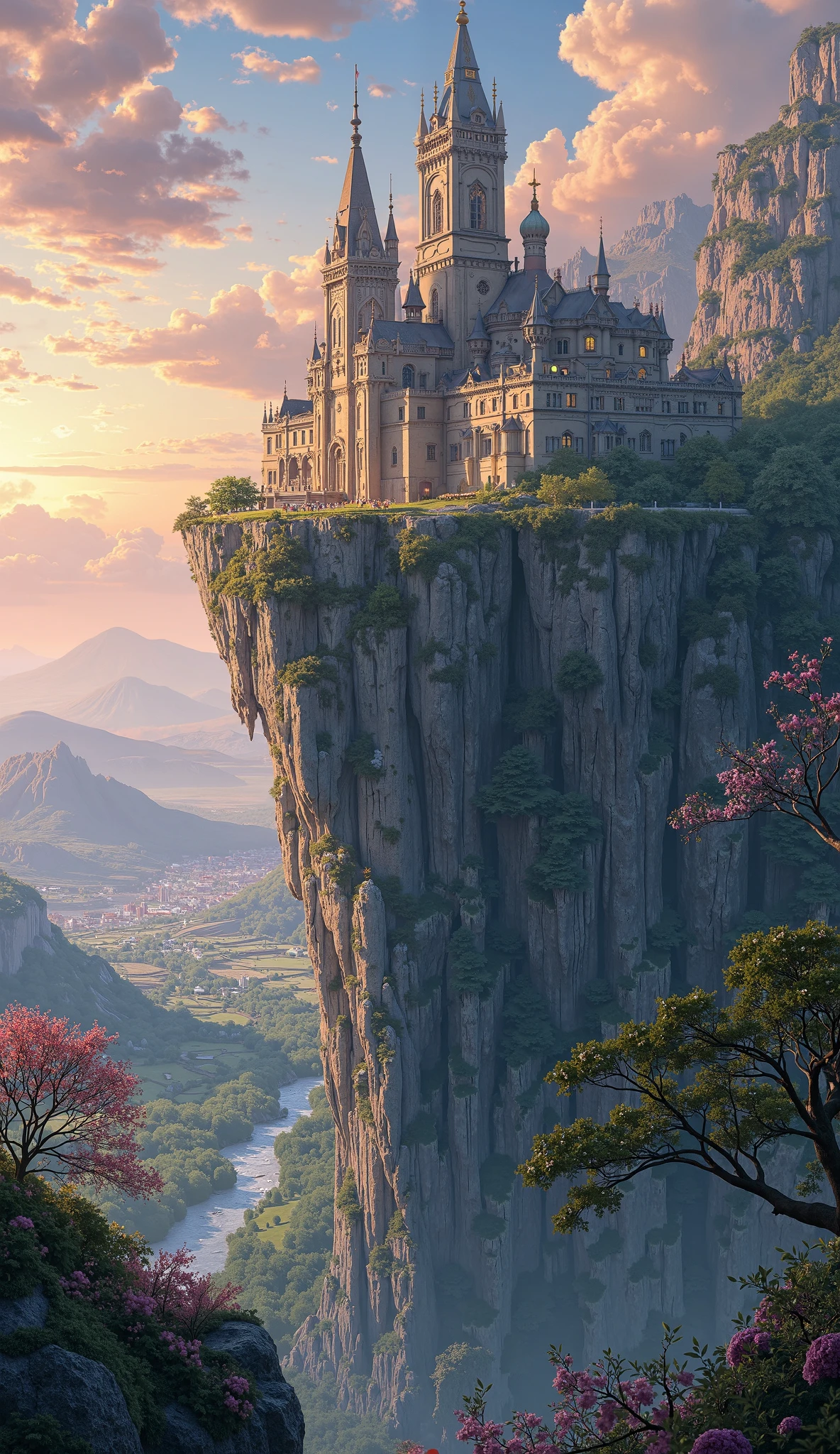 Create a kingdom in spring around the kingdom and a large castle on the edge of an extremely detailed cliff at nightfall 