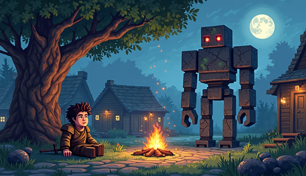 A pixel art scene of a weary Minecraft adventurer sitting beside a glowing campfire in a quiet village square. The character wears a leather tunic and sits with one knee up, staring into the flames, their diamond sword resting nearby in the grass. Their expression is calm, almost wistful, as if lost in thought after a long journey. Across from them stands a towering Iron Golem, its cracked iron body flecked with moss, red eyes glowing faintly in the night. It stands still, protective and silent, like a guardian of ancient times. The setting is a peaceful Minecraft village at night, with cobblestone paths, wooden cottages glowing with warm torchlight, and a large oak tree overhead casting dappled shadows. Wildflowers and mushrooms dot the ground, and fireflies drift lazily through the cool night air. The campfire’s glow flickers gently, casting warm highlights on the adventurer’s armor and the Golem’s frame, while the soft blue light of the full moon bathes the rest of the scene in tranquility. The atmosphere is serene, nostalgic, and safe—like a quiet pause between adventures. The art style is highly detailed pixel art, with retro RPG aesthetics, intricate shading, and warm lighting that evokes peace, comfort, and wonder.