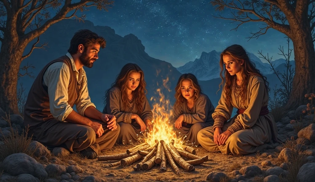 realistic fantasy painting showing a family around a bonfire in ancient times, man and woman with daughters, surrounded by wild nature, starry sky, warm fire light illuminating their faces, rustic atmosphere