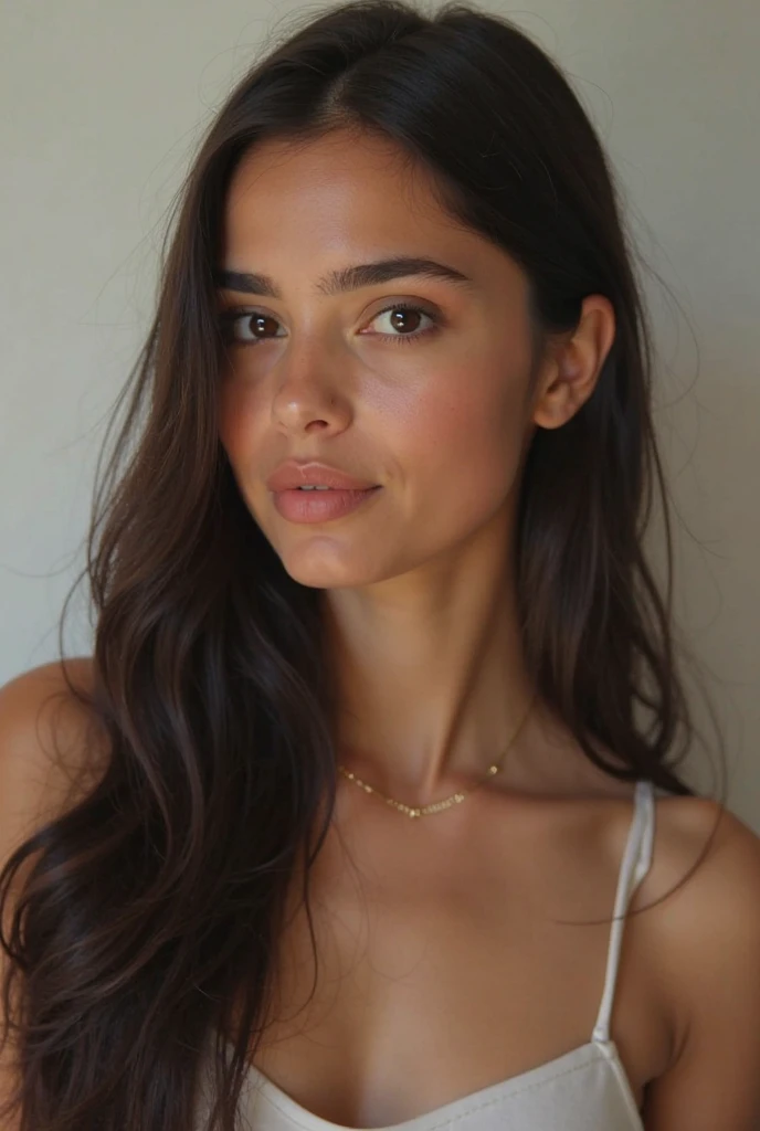 (Jewellry:1.3), very warm colors, tan skin, beautiful brunette, (high detailed face), (high detailed skin texture), (high detailed hair), (high detailed eyes), brown eyes, (long straigh dark hair), 1 girl, 20 years old, brown skin, face thin nose, photography, ultra-realistic, 8k, ((sexy outfit)) , perfect teeth, fit girl, bottom-up view, shiny hair, ((perfect hands)), (in room), (sexy outfit)