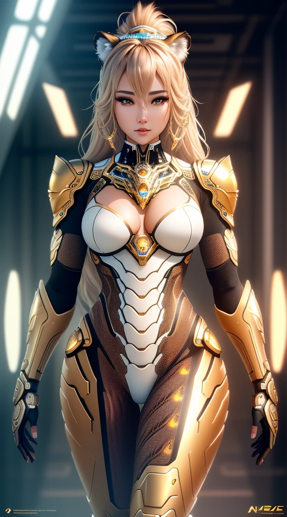 Female Tiger - the futuristic biomechanical android, beautiful natural soft light, rim light, gold fractal details, metallic fine lace, muscular, mandelbot fractal anatomical, diamond, facial muscles, elegant, ultra detailed,