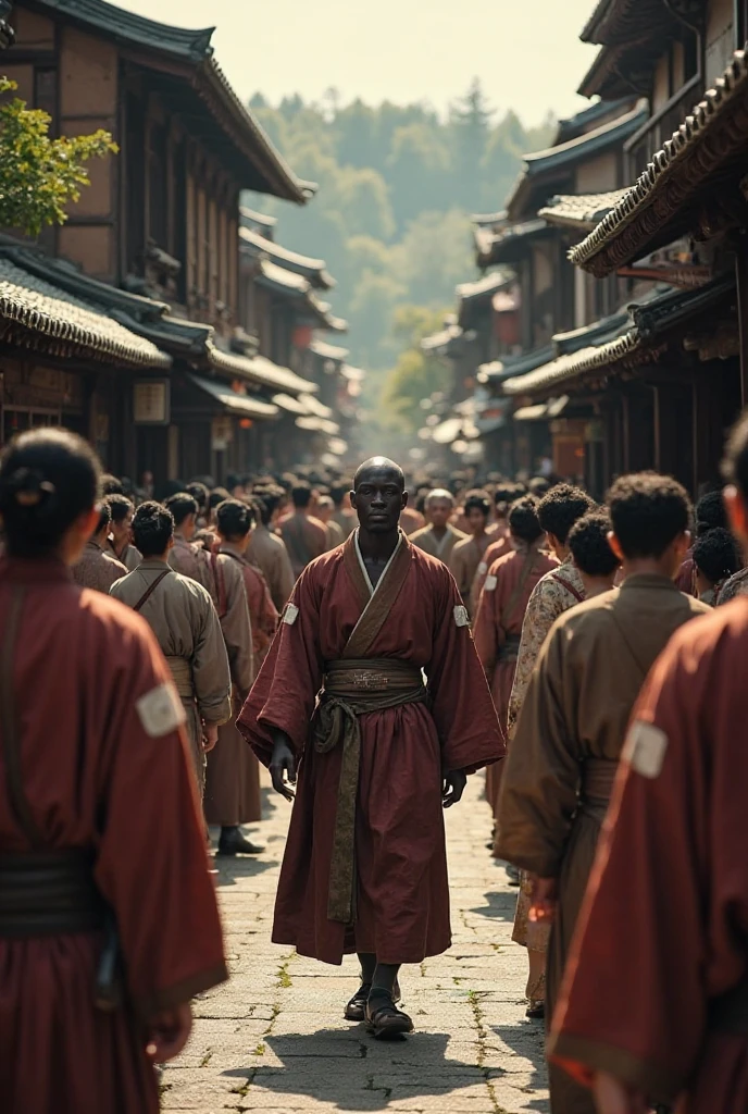 “Bustling 16th-century Kyoto street filled with Japanese locals in traditional kimonos, a tall African man in European robes walking through, people stopping and staring in amazement, realistic lighting, detailed historical setting, cinematic tone”