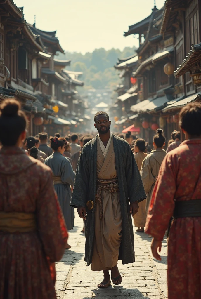 “Bustling 16th-century Kyoto street filled with Japanese locals in traditional kimonos, a tall African man in European robes walking through, people stopping and staring in amazement, realistic lighting, detailed historical setting, cinematic tone”
