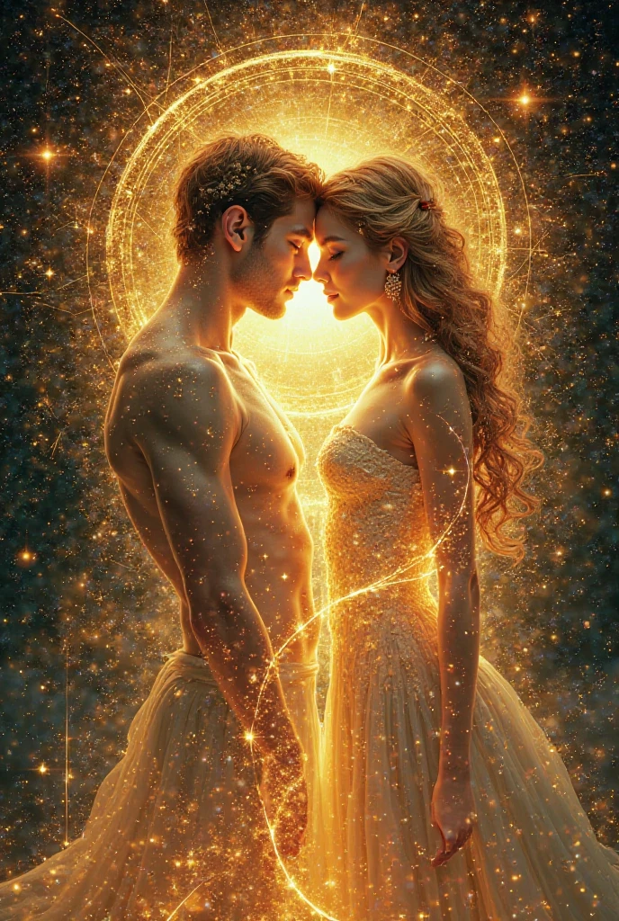 "Sacred Fusion of Two Souls"
A stunning digital artwork depicting the sacred fusion of two souls in love. The image shows a perfectly integrated man and woman, their bodies intertwined with streams of golden light and vibrant cosmic energy. Their features soften in a harmonious symbiosis, revealing eyes that shine with infinite love and understanding. The background is a fusion of the celestial and the earthly: galaxies, constellations, and delicate natural elements—such as flowers, vines, and leaves—combine with geometric and symbolic patterns, evoking the elegance of the Renaissance and modern surrealism. The ethereal lighting highlights every detail with a divine glow, conveying peace, inner strength, and eternal love, as if a masterpiece reimagined for the contemporary era.