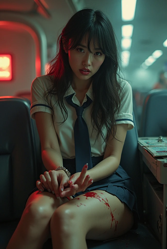 A beautiful Asian woman is being stabbed in her thigh with a cutter in hand of a man, view of a cutter blade lodged into her bleeding thigh, he is repeatedly cutting her bleeding thigh with a cutter, nsfw, she has long legs, stewardess uniform with tie, micro miniskirt, boots, suffering expression, shouting, (best quality,4k,8k,highres,masterpiece:1.2),ultra-detailed,(realistic,photorealistic,photo-realistic:1.37),highly detailed face, detailed eyes and lips, extreme detailed skin, dramatic lighting, dark and gritty, horror, cinematic, intense colors, moody atmosphere