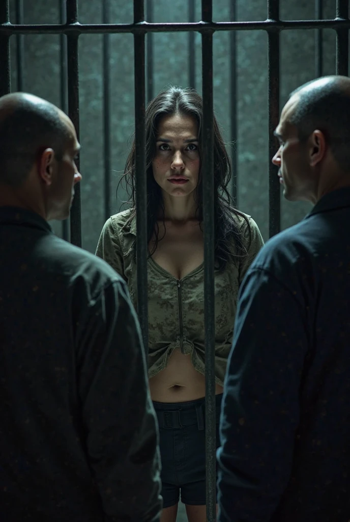 man tightening rope noose around girl's neck, man putting rope around girl's neck, girl serious expression, girl empty expression, execution by hanging, dark basement, closeup on girl's face, girl in latex bodysuit
