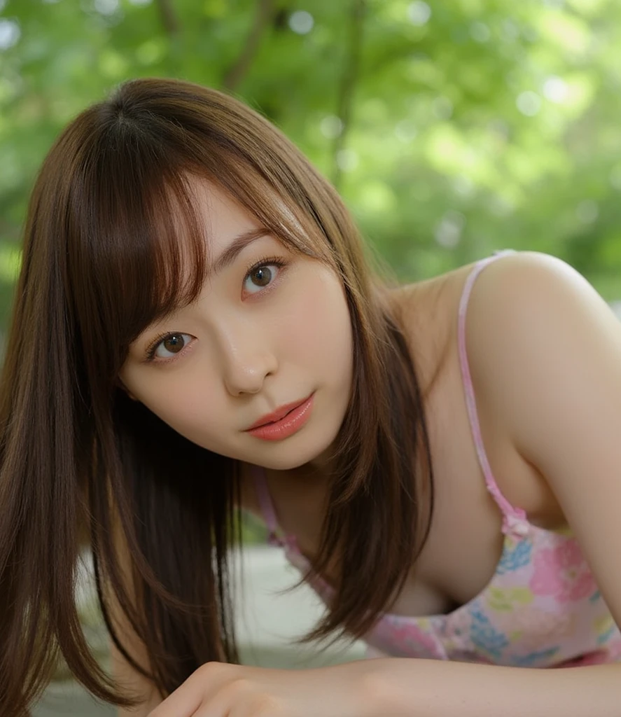 1 Japanese female, 30 years old, Very beautiful, (very cute), (Very detailed美しい顔), Great face and eyes,(Flower Hair Ornaments,Braided top knot,Twisted Side Part Ponytail Braided Headband,Half Up、Braided Space Van,Voluminous fishtail braid,Twisted pan),(Asymmetrical bangs),, My eyes got a little brighter, Dolly Makeup, (Loose-fitting see-through blouse(Cream:1.2))、(Micro Mini Skirt(Lilac color)), (highest quality:1.4), (Very detailed), Very detailed CG 統合 8k 壁紙, Surreal, (Photorealistic:1.4), Raw photo, Professional photography, Cinema Lighting, Realistic portraits, (Depth of written boundary:1.4), (View Photographer:1.3), (In a park with a pond),Glamorous Beauty、 (Large Breasts:1.2)、Cleavage、Voluptuous thighs、 (Whole Body Ezbian), Accurate Eyes, Beautiful mouth, (Keep your mouth completely closed), (evening:1.3), (Looking at the camera), (Amazing sunset:1.25), A smile that makes people happy、A photo showing you from head to knees、Her face is totally like Nishino Nanase