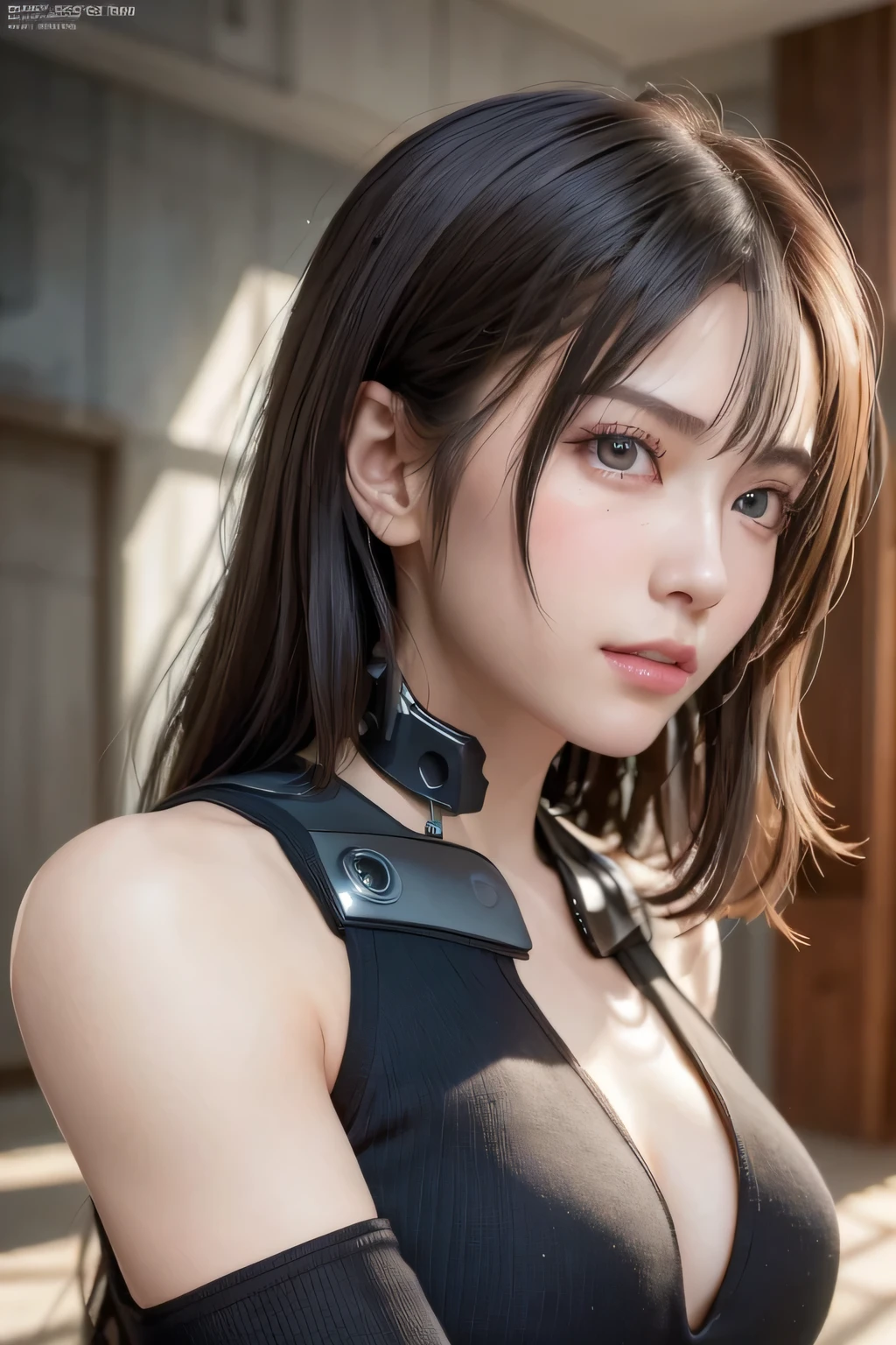 (Masterpiece, BestQuality:1.3), (ultra detailed:1.2), (hyperrealistic:1.3), (RAW photo:1.2),High detail RAW color photo, professional photograph, (Photorealistic:1.4), (realistic:1.4), ,professional lighting, (japanese), beautiful face, (realistic face), cute woman, (Brown Hair, Big Tits:1.5), (cheerful Smile:1.35), Trending Hair&Trending Hairカラーをランダムに, sexly, erotic sexly, Random sexy gravure poses, (Black Leather Jacket、White tank top、A beautiful woman standing coolly in a motorcycle garage。Shiny silver chain necklace。:1.3)