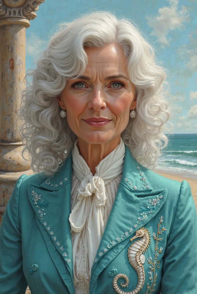 Portrait of a curly white-haired woman in turquoise riding clothes with the emblem of a sea horse 