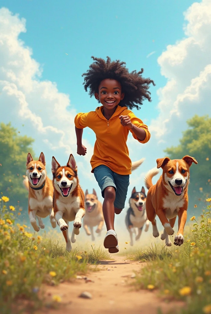 Boy and Dog Running Together in a Wheat Field: A runs alongside his dog in a vast wheat field, both enjoying the freedom of open space, with the afternoon sun illuminating their smiles