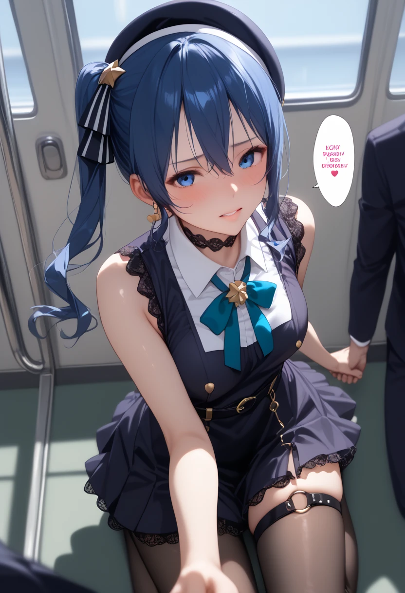 NSFW,masterpiece,Highest quality,High resolution,Super detailed,Star Town Suisei \(Hololive\),Blue Hair,Long Hair,One Side Ponytail,Small breasts,(Sexy tight dress),Embarrassed,blush,Estrus,excited,I feel,(male),(Having sex),Insert,Creampie,train,(Molester)