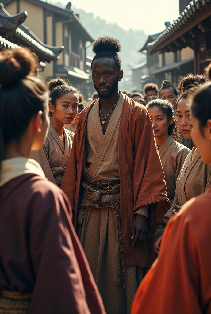 “Group of curious Japanese townspeople in 1500s attire surrounding a tall African man, some bowing, others looking astonished, traditional wooden buildings in background, sunny ambient light, realistic expressions and historical clothing”