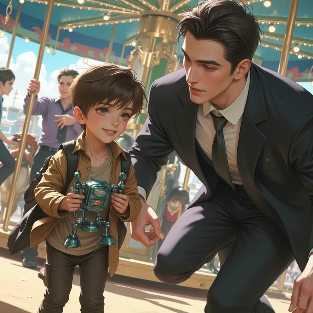 "An emotional anime-style scene at an amusement park. A young boy, around , with short brown hair and ragged clothes, stands in front of a carousel. He is holding a broken ultramarine robot toy with both arms missing, smiling proudly despite his circumstances. In the background, a man in a dark suit, Oliver, stands with a woman and a  who resembles him. Oliver’s face changes from warmth to disgust as he steps in front of his wife and daughter, shielding them from the boy. He kicks Liam, causing him to fall to the ground with a sickening thud. Blood begins to pour from Liam's forehead, and his wide, terrified eyes look up at his mother, who is nearby. The scene is set under a bright, clear sky with the carousel spinning in the background. The lighting should have a soft, diffused glow, creating a poignant and tragic atmosphere. The characters should have realistic emotions, capturing the heartbreaking moment."