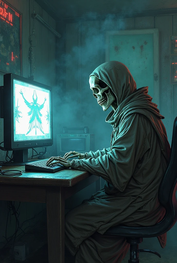 "An evil skull day trader sitting in front of several computers doing trading, top quality picture. Add the text 'Eder Santo Professional trader investments Creating terror in the market' in the image."