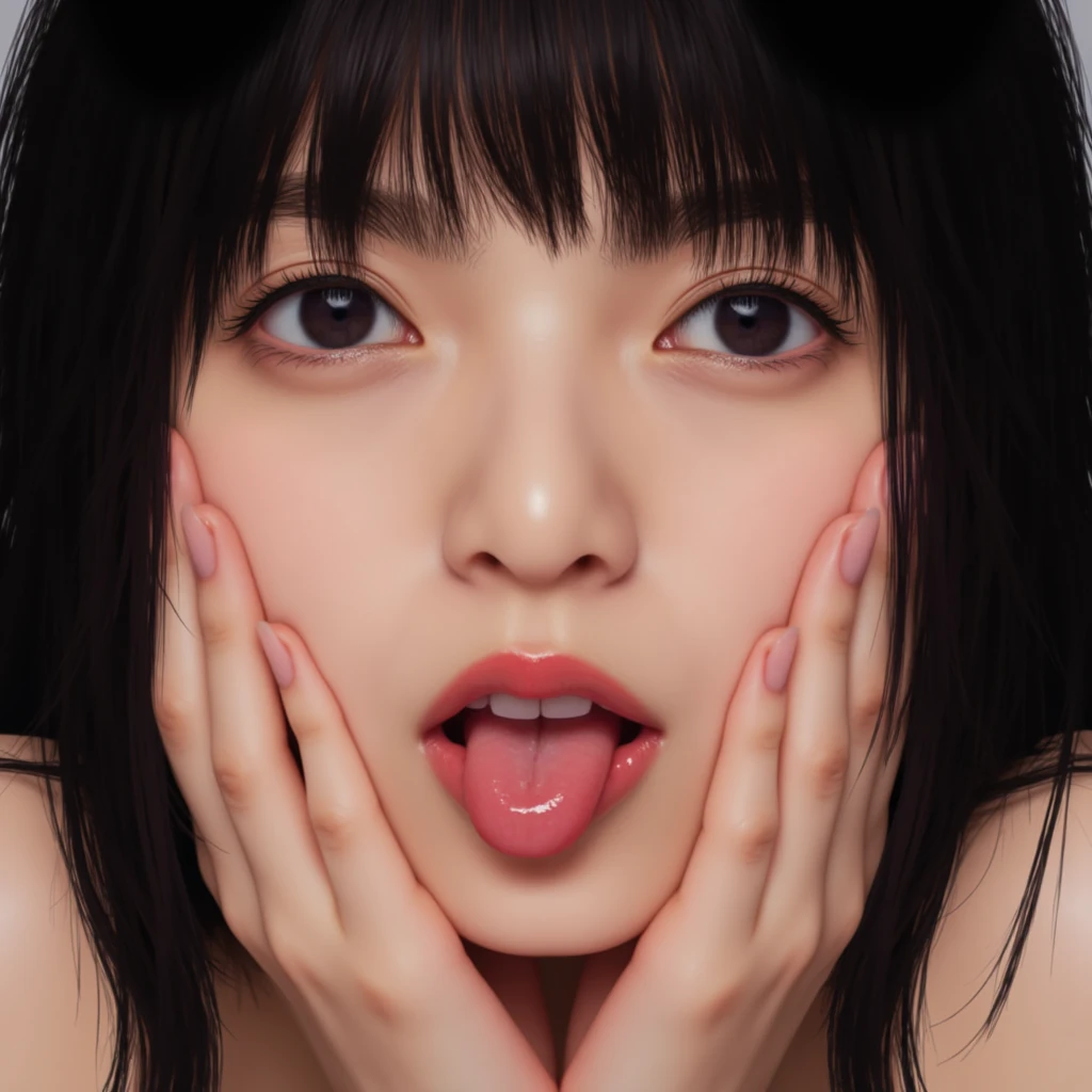 Cute girl with crossed eyes and sticking out her tongue