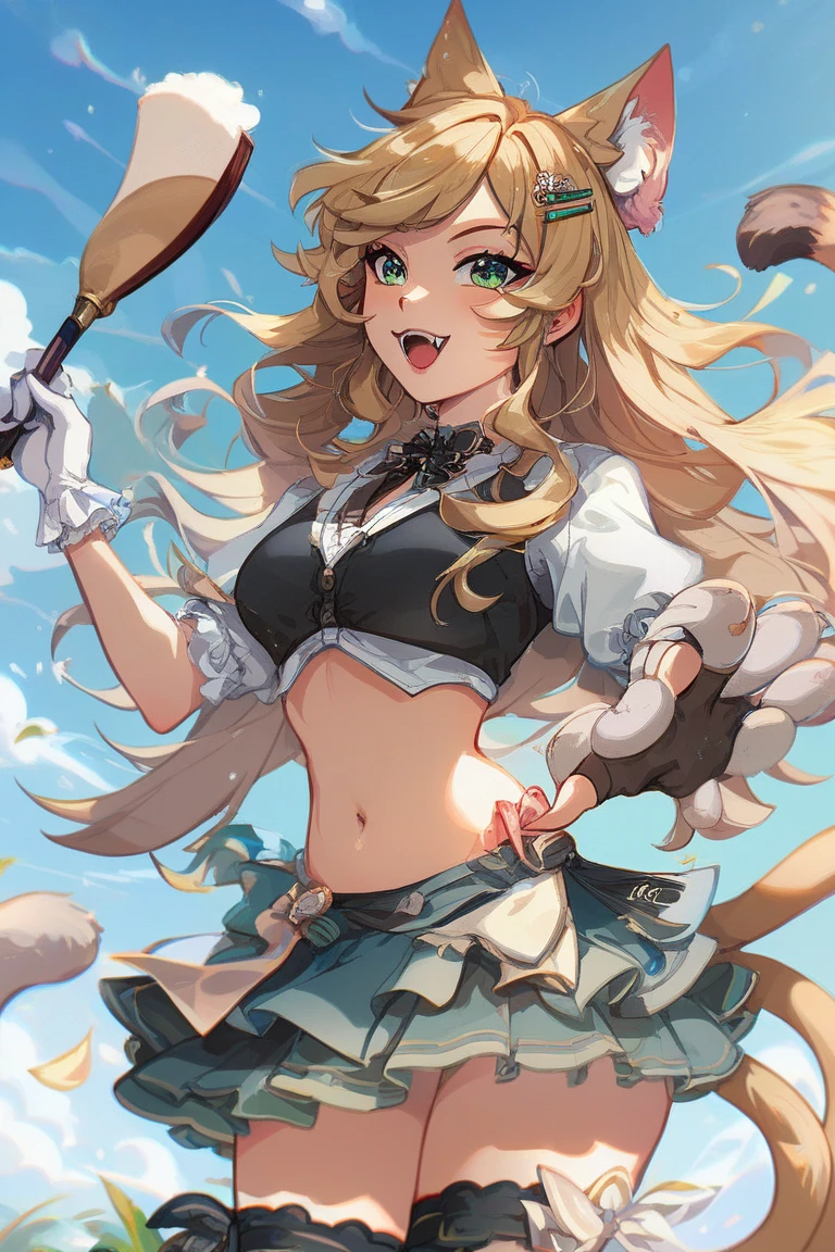 Alone rabbitfolk, fantasy race, large breasts, bard, smallest bikini, blond hair, yellow rabbit ears, yellow rabbit tail, musical instrument, rabbit legs