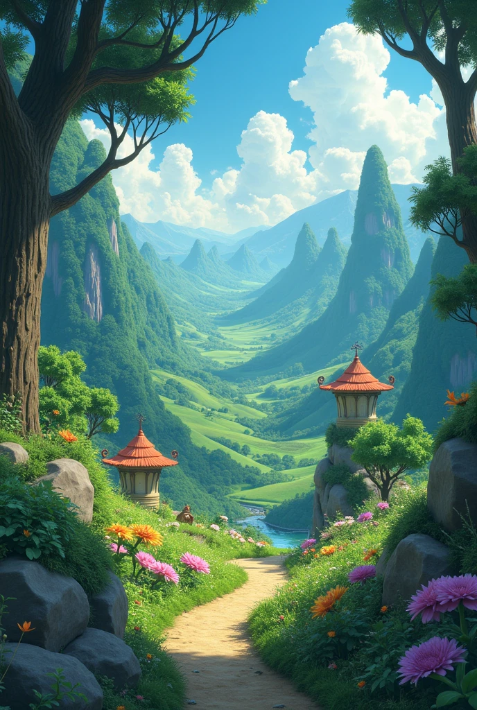 Ghibli style, a fantasy landscape scene, cinematic 8K, intricate details, lush forest, rolling hills, vibrant colors, magical atmosphere, soft lighting, whimsical elements, fantastical creatures, detailed character design, beautiful scenery,4K,HDR,studio lighting,ultra-fine painting,physically-based rendering,vivid colors,bokeh