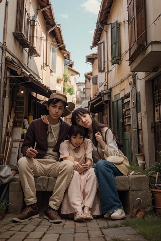 create a background image of the Plaza de Armas in Arequipa with a girl, a boy and a gray cat with a white chest and green eyes