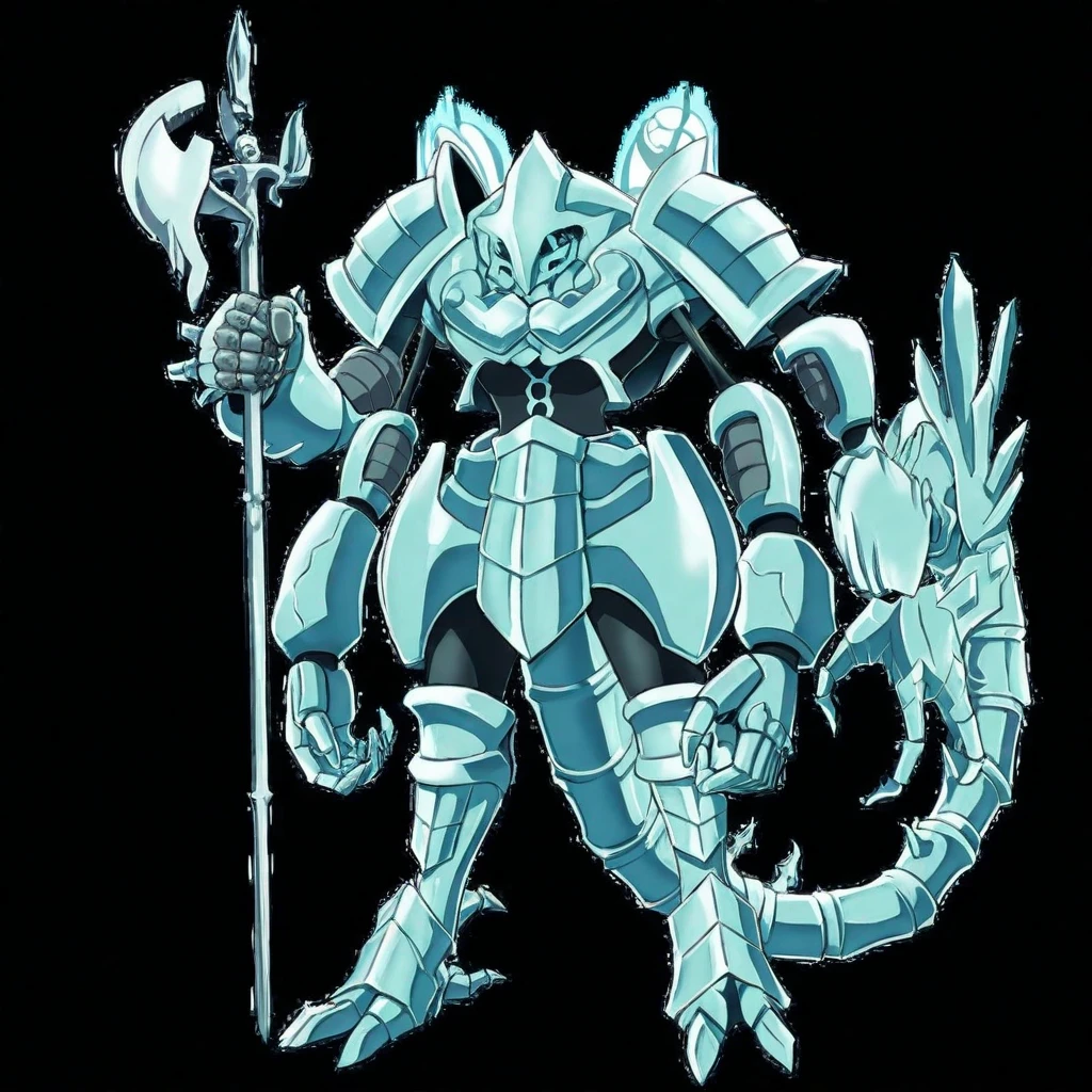 a dinosaur monster girl who's bulky and has grey scales and covered in silver-white plated armor with a full silver-white plated helm that arches into a spike and has two horns emerging from holes in the helm in a cave

