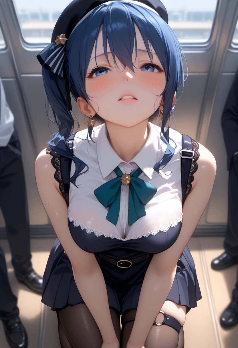 (chibi:1.1)、Absurd, Super detailedな,(In 8K:1.3),Masseter muscle area,(masterpiece:1.2)、(Highest quality)、4K、Super detailed、(Movement Structure:1.4)、(Shining Lights、Atmosphere lighting), High resolution, Best Quality、(One person:1.4),Super detailedな,Bright colors、Treebreak Production Art、(Warm color light source:1.2),High-level image quality、Fine image quality、Intricate details,Volumetric Lighting,Realism BREAK、Profile、 Very beautiful face and eyes, Beautiful images、 Idol face、、(Baby Face:1.4)、natural make up、big eyes、(Big Tits:1.4)、(cleavage :1.2)、(glossy skin :1.5)、(to lift up one’s Dark blue miniskirt:1.5)、 (Subway stairs:1.5)、(sit:1.4)、(Spread legs:1.5)、(light blue hair,a short bob:1.3)、(detailed clothes features、sailor suit:1.2), dark blue collar, (white shirts:1.2), short sleeve, school, (detailed clothes features、Dark blue miniskirt:1.5)、(Plump thighs:1.3)、 (smirk:1.2), (petite:1.4),(detailed clothes features、pink、Good, fullback panties:1.4),(POV from below:1.5)
