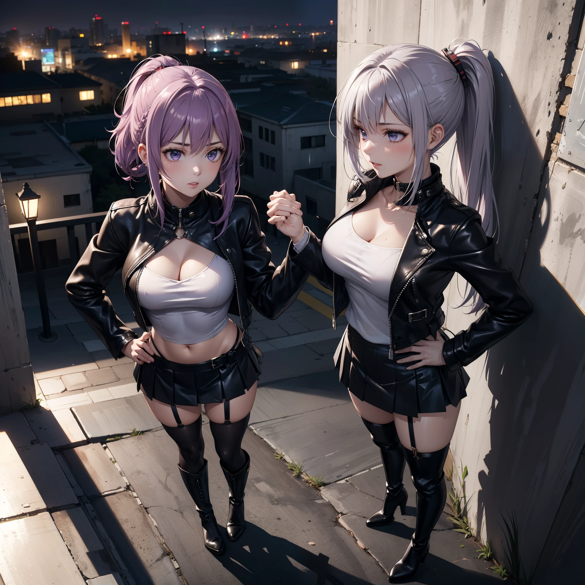 ((黒のwhole bodyタイツ)),
(masterpiece,Highest quality),1 ,whole body,(Light purple hair),Short Hair,Large Breasts,Curly Hair, Confused eyes,
White open jacket,Night Summer,Squat