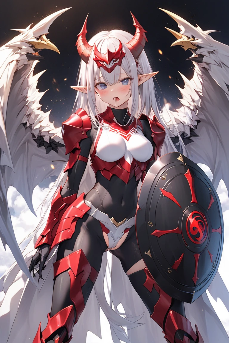 Masterpiece, Best Quality, Extra Detail, 1phoenix girl, perfect body, medium boobs, blue eyes, long hair, blonde hair, smile, armor, red leotard, cleavage, groin, pauldrons, shoulder pads, cape, boots, knee boots, crimson armored boots, mountain, day, blue sky, ((white gloves)), elbow gloves, crimson gauntlets, gold trim, ((standing)), wings, ((phoenix wings)), ((large wings)), ((red wings)), (((folded wings))), full body, facing viewer, head wings, looking at viewer, ((clenched hands))