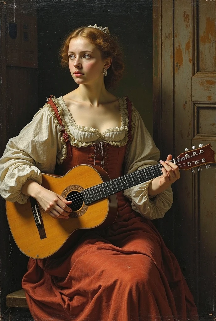I want you to edit the painting “woman playing the guitar” by the artist Johannes Vermeer, so that it is the cover of a musical album by the group Fondo Flamenco and that the title of the song is My White Star 