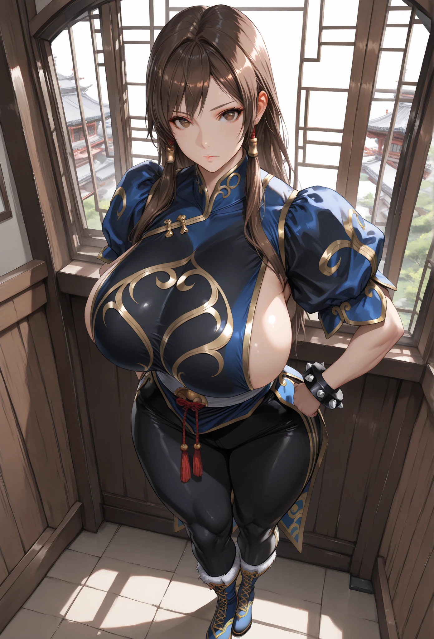 (Best Quality, 8k, 32k,1 Girl, Gigantic Breasts, Thick Thighs, Super Wide Hips, Huge Ass, Perfect Body, Ultra Detailed Face, Brown Hair, Red and Black Panties, Lace Panties, Chun Li, Stuck Hair, Two Buns in Hair.