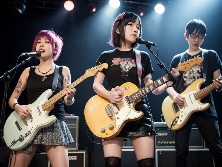 Japanese young beautiful girl idol band、Full Body Tattoo、Playing guitar、Rainbow Mohawk、Expose large breasts、Skin-revealing punk fashion、Piercings all over the body、Leather jacket covered in studs、Full body tattoos、