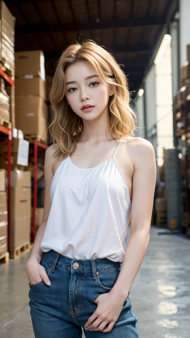 (((best quality, 8 thousand, masterpiece:1.4)), (20 year old woman), masterpiece, distinct, highres, high_quality, wide_shot, small_face, absurdly_short_hair, female, sagging_breasts, balancing, stretching, gentle_face, bare_shoulders, center_opening, downblouse, (blonde wavy very long hair), (Put your hands in your pockets), (C-com saggy breasts), Locked in the warehouse,